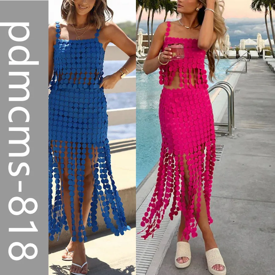 

Новинка 2025, европейский и американский весенне-летний комплект с подтяжками и бахромой, свободная юбка INS для отпуска, комплект из двух предметов