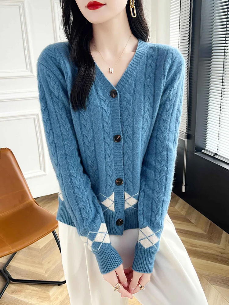 

High Quality Autumn Winter Women 100% Merino Wool Sweater Striped V-Neck Knitted Cardigan Casual Argyle Cashmere Clothing Top