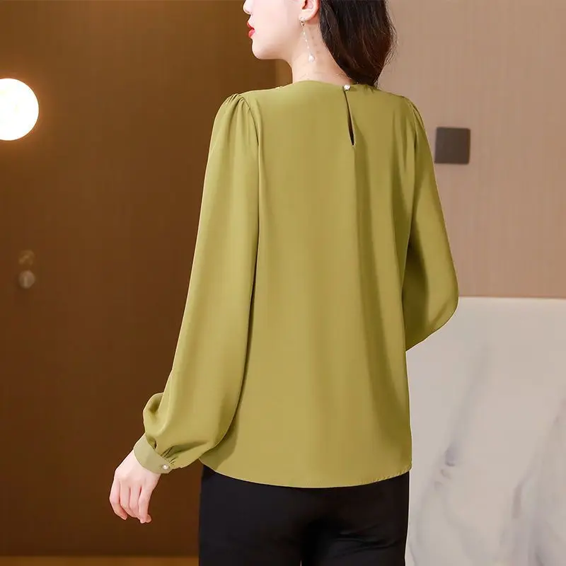 Temperament Fashion Simplicity Solid Color Atmosphere Versatile Montage Chain Age Reduction Women\'s Chiffon Shirt Autumn 2024