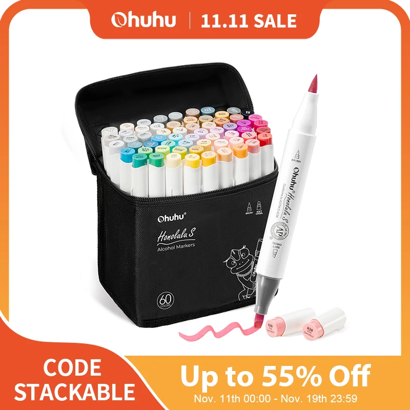 ohuhu-honolulu-s-60-illustrazione-colori-pennarelli-set-pennarelli-artistici-alcol-design-punto-rosso-doppia-punta-schizzi-disegno-colorazione