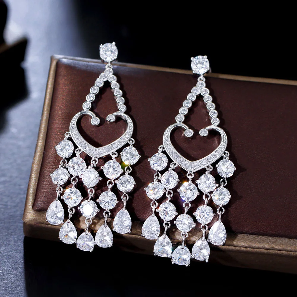 CWWZircons Bling 5A Cubic Zirconia Pave Setting Silver Plated Long Dangly Tassel Drop Bride Wedding Earrings for Women CZ472