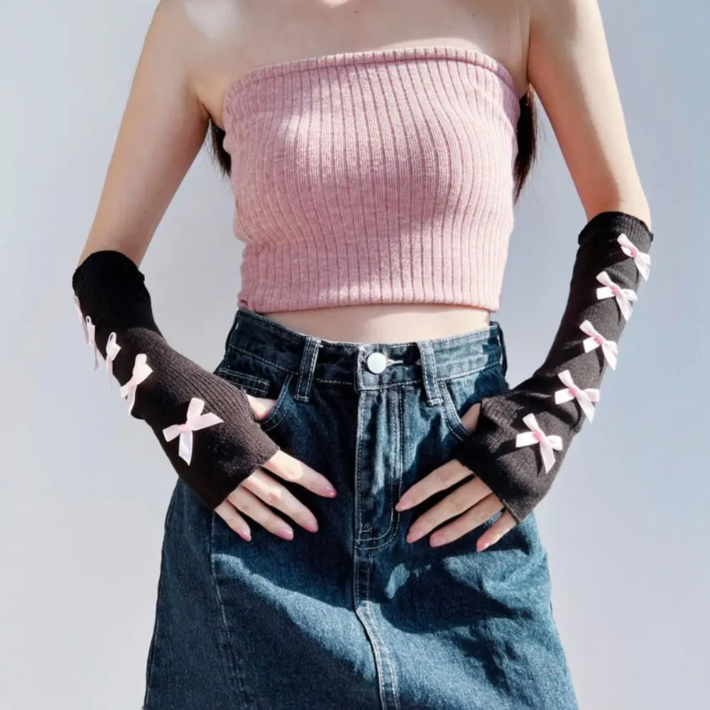 

Elastic Y2K Warm Sleeves Bowknot Ballet Style Bow Knitted Gloves Lolita Cosplay Long Mittens Fingerless Arm Warmers