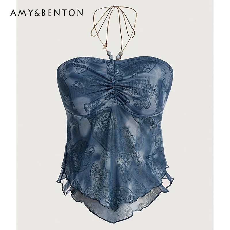 

Оригинальный женский жилет в стиле ретро с принтом тай-дай и рюшами на бретельках, готический летний новый сексуальный женский топ без рукавов с бисером