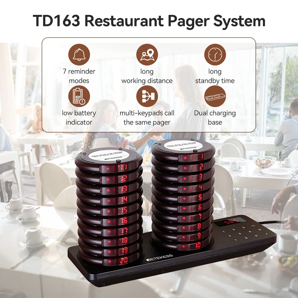 Retekess TD163 Restaurant pager wireless calling system coaster buzzer vibrator bell receiver beeper for food truck cafe bar