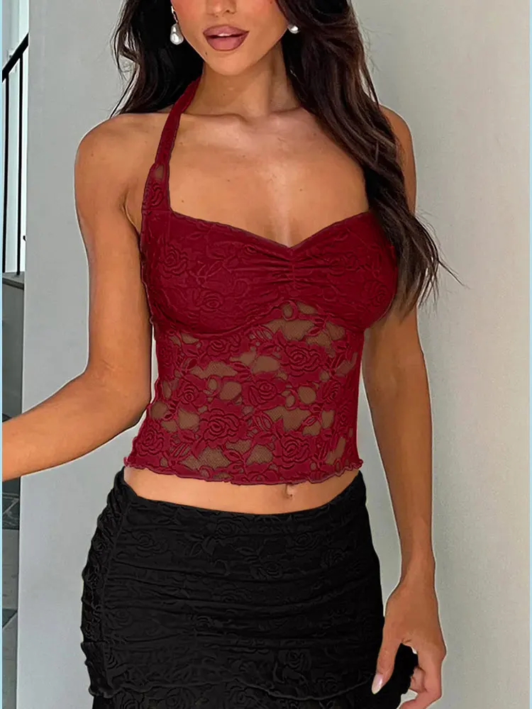 Novo laço retalhos cami topo para mulher cinta de espaguete halter tie-up sem costas fino ajuste saindo topo de colheita vermelho sexy renda regata