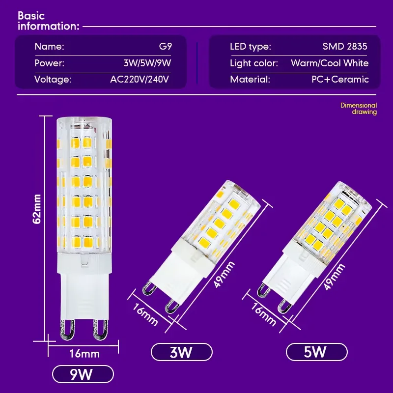 1-10Pcs LED G9 Corn Bulbs 3W 5W 9W Ceramic Lamp Light 360° Beam Angle SMD2835 Cold/Warm White AC 220V For Home/Office Lighting image 6