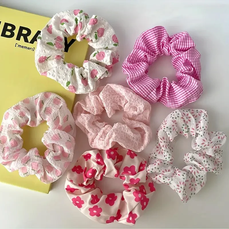 6pcs/set women's sweet pink peach blossom check large intestine hair ring,fashionable and versatile hair accessory image 2