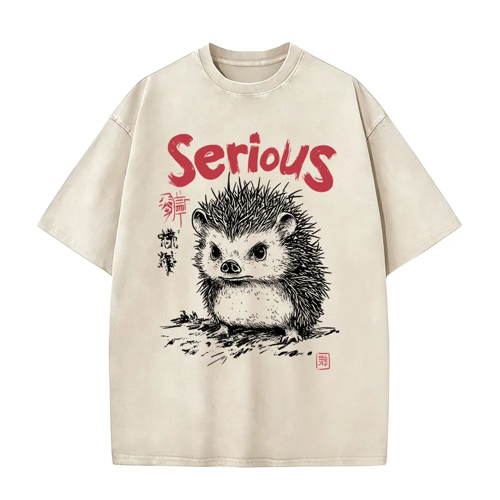 

Japanese Style Serious Hedgehog Funny Vintage Washed T-shirt Men Women Clothing Casual Humor T-shirts Men's Oversized T Shirts
