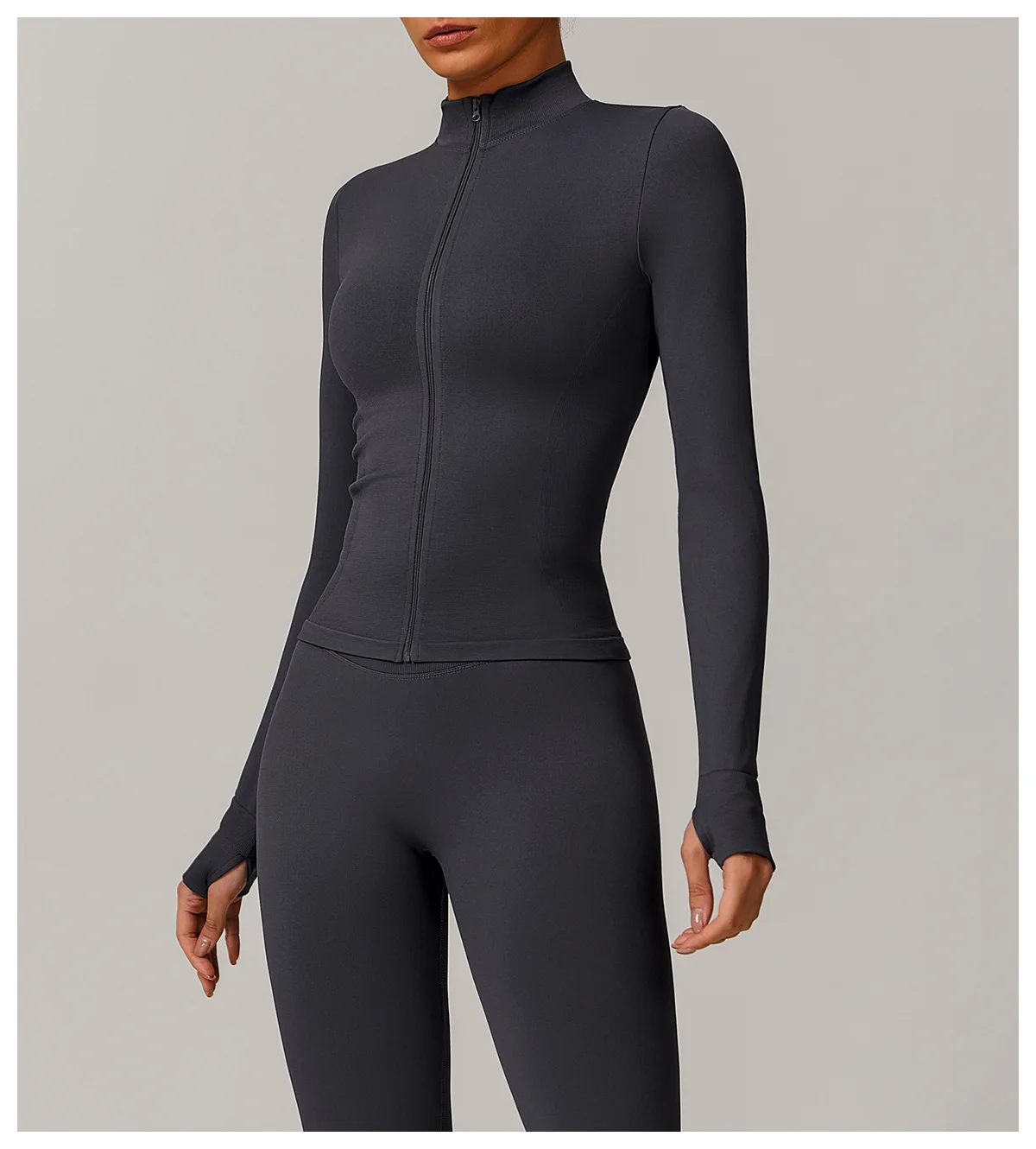 Women's Seamless Long Sleeve Yoga Top Ribbed High Neck Full Zip Slim Fit Sports Jacket Thumb Hole Workout Gym Running Activewear
