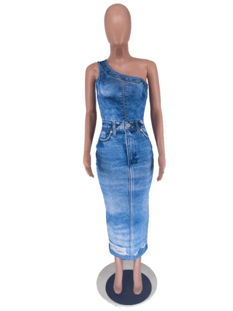 Leosoxs-Robe Longue en Jean Imprimé en 3D pour Femme, Tenue de Soirée Sexy et Mi-longue, pour Boîte de Nuit, 2024