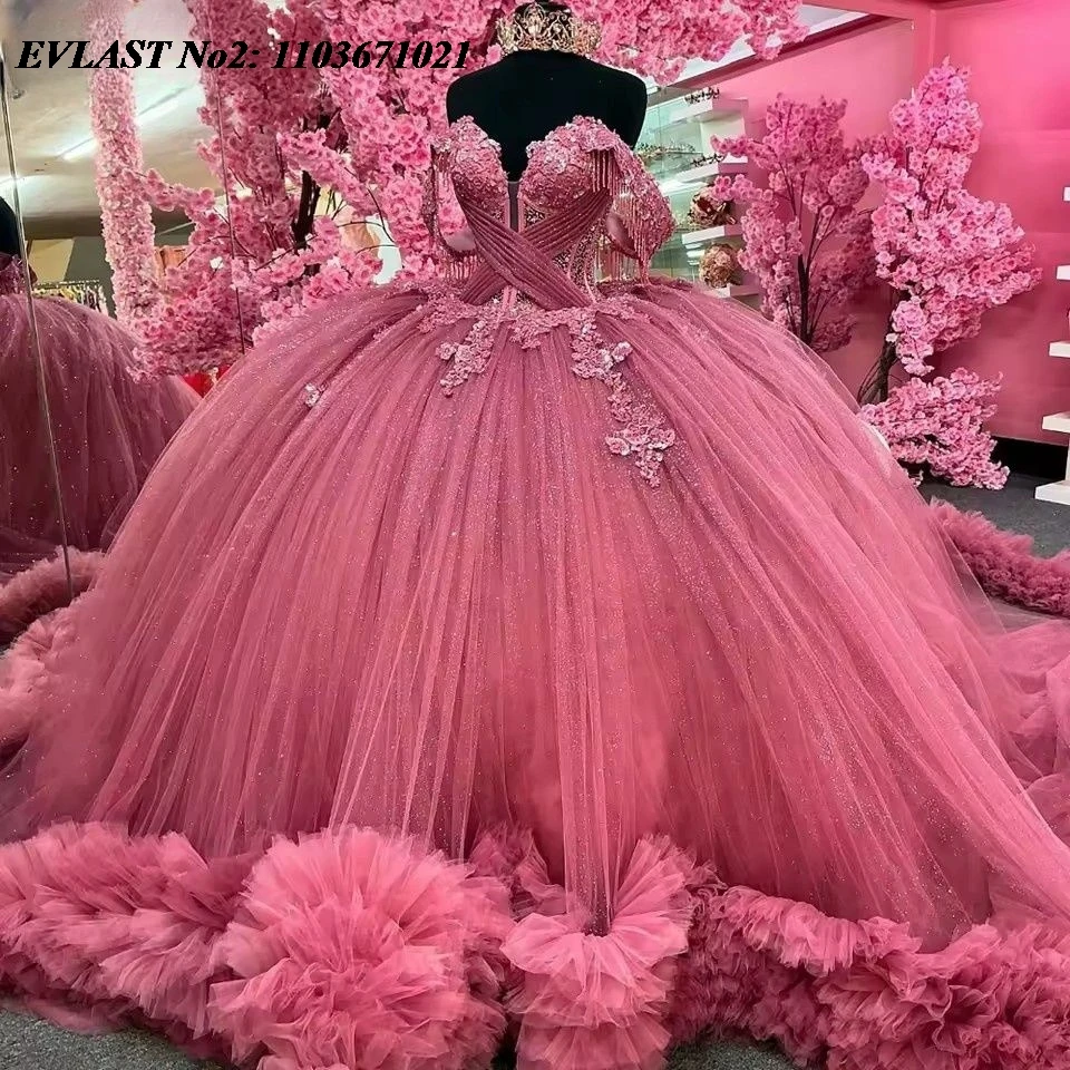 EVLAST Aangepaste Mexicaanse Roze Quinceanera Jurk Baljurk Glanzend Kant Applique Kralen Corset Sweet 16 Vestidos 15 Anos E2QA224