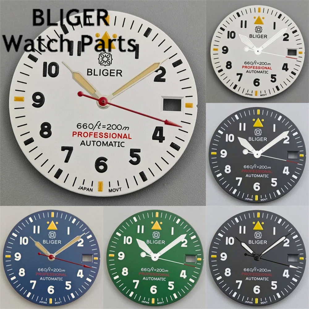 BLIGER 29mm Pilot Watch Dial Twelve-Digit Pilot Dial With Hands Set Green Luminous Suitable For NH35 NH36 Movemen Watch Parts