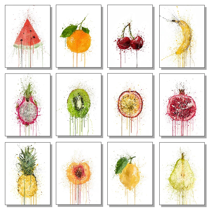 Abstract Simple Color Watercolor Splash Stick Figure Fruit Sliced Pear Apple Poster Canvas Painting Wall Art Pictures Home De