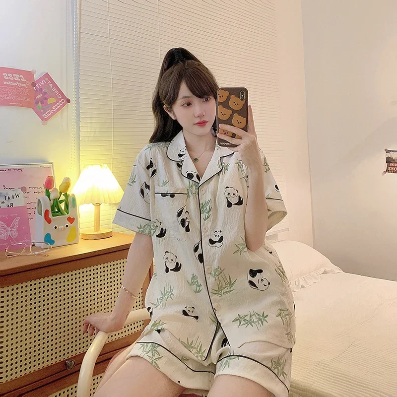 Summer Women Pajama Sets Korean Loose Pyjamas Sleepwear Cotton Sweet Panda Short Sleeve Female Pijama Mujer Home Clothes