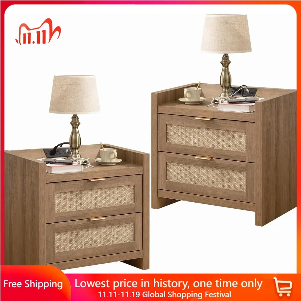 Night Stand Set of 2 with Type-C Charging Station 2 Rattan Drawers  Bed Side End Table Wood Nightstands