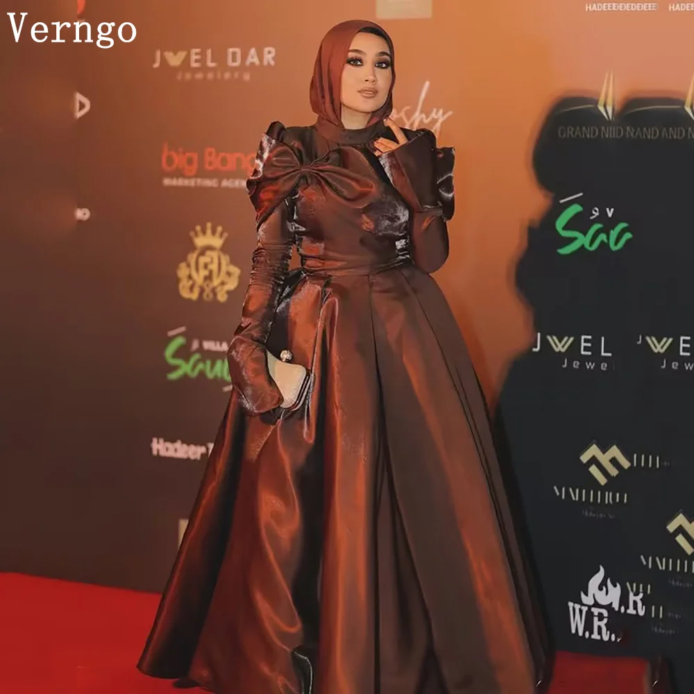 

Verngo Brown Satin Formal Occasion Dresses High Neck A Line Prom Party Dress Muslim Dresses For Special Events Customized