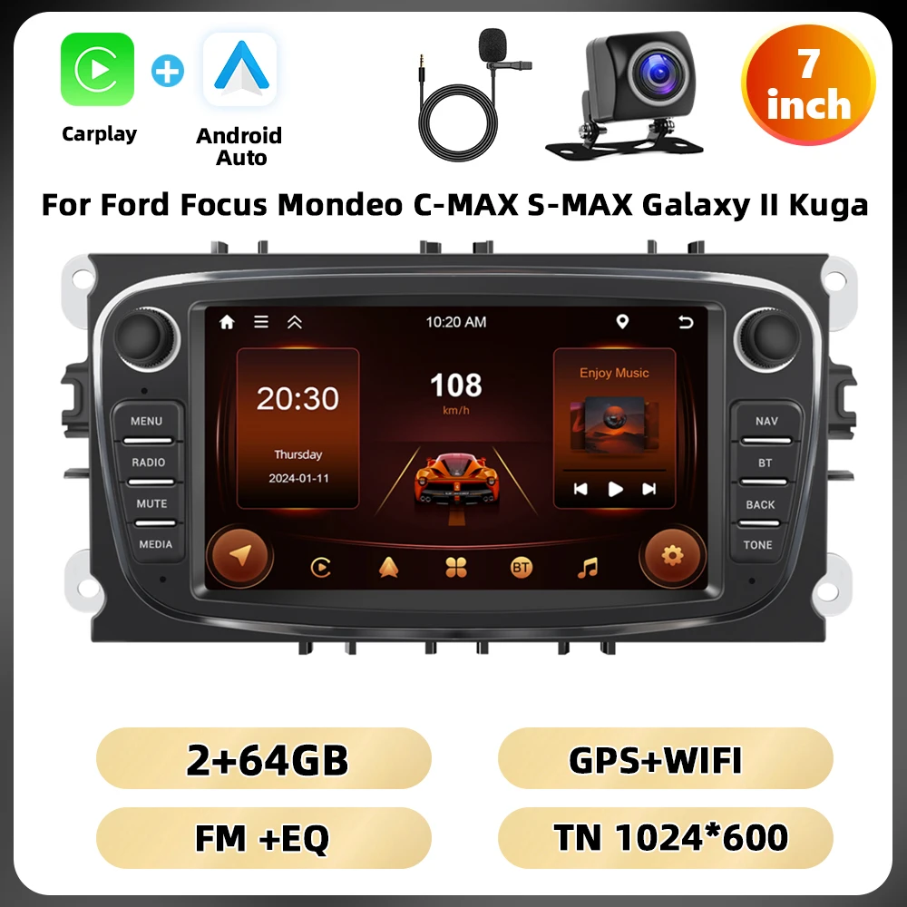 Podofo 7 ''Android Multimedia Speler Voor Ford Focus Mondeo C-MAX S-MAX Galaxy Ii Kuga Gps Navigatie 2 64G Carplay Android Auto