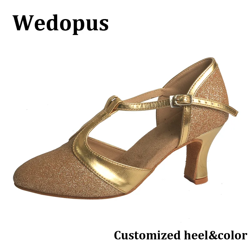 

Wedopus/Новые высококачественные тренировочные туфли для бальных танцев, женские танцевальные туфли с золотым блеском на замшевой подошве, дропшиппинг с закрытым носком