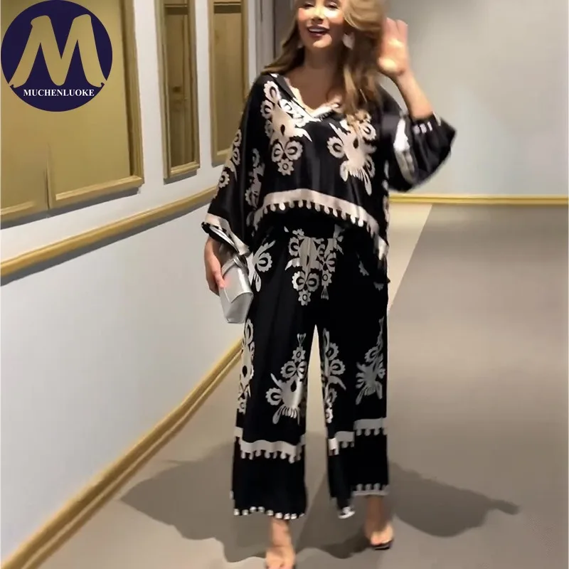 

Women's Two Pieces Set Summer Autumn New Elegant Printed Long Sleeves Irregular Tops Suits Fashionable Casual Loose Pant Sets