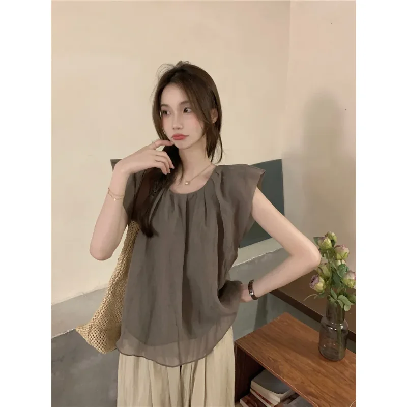

Women's New Patchwork Retro Simple Loose Pleated Round Neck Pullover Top Shirt