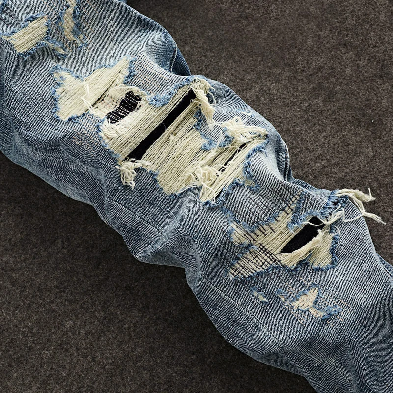 Street Designer Fashion Men Jeans High Quality Retro Blue Stretch Slim Fit Hole Patched Ripped Jeans Men Y2K Vintage Denim Pants