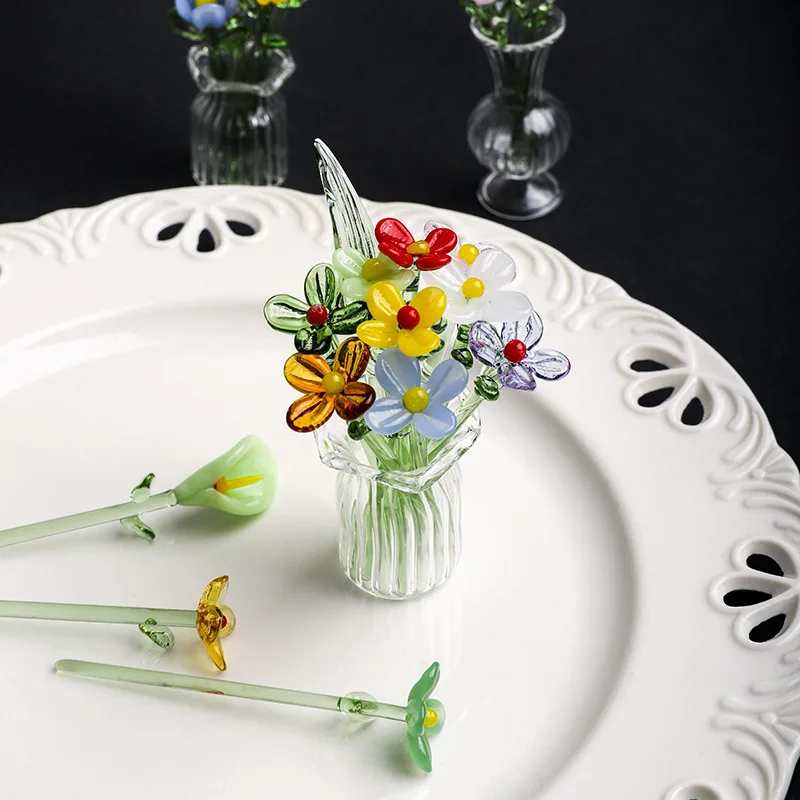 Handcrafted Glass Flower Decor Floral Sculpture Hand-blown Glass Flower Bouquet with Vase Mini Floral Decoration for Home Room