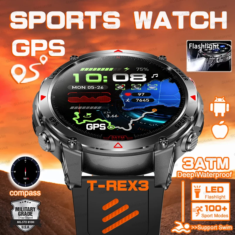 

2025 уличные НОВЫЕ T-Rex 3 военные GPS-позиционирующие умные часы мужские компас высотомер светодиодный фонарик 3ATM водонепроницаемые HD часы для вызова