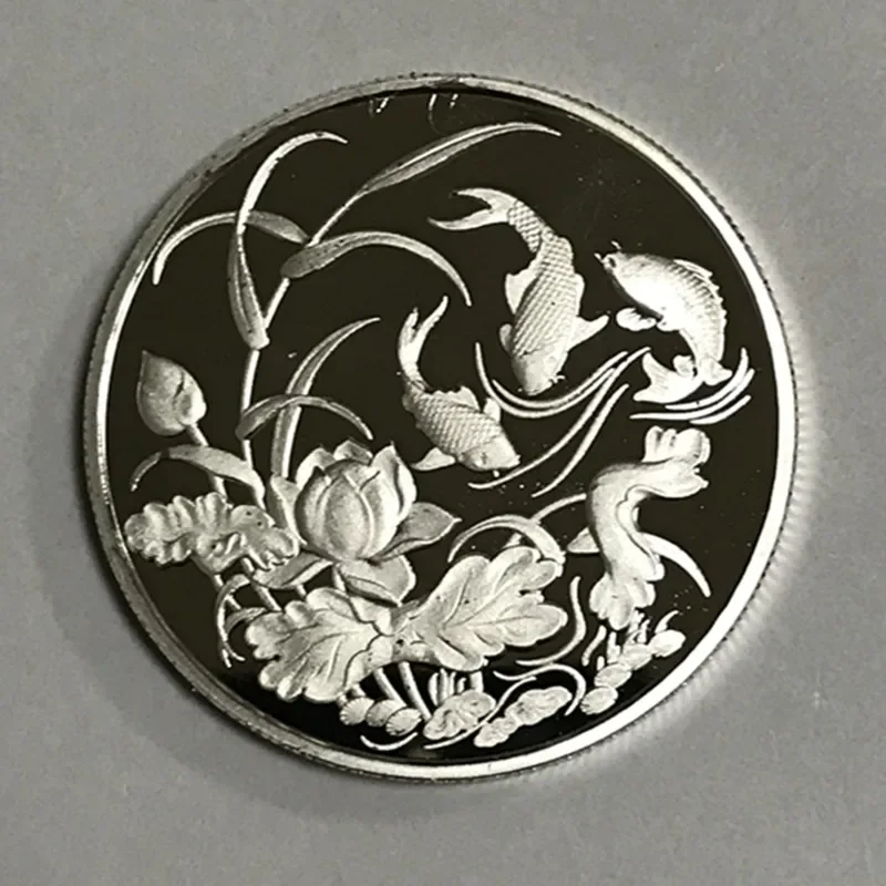 Non-magnetic Koi Fancy Carp Coin, Chinese Lucky Furtune, Animal Lotus, Silver Plated, 40mm, Souvenir Decoration Coin, 5 Pcs