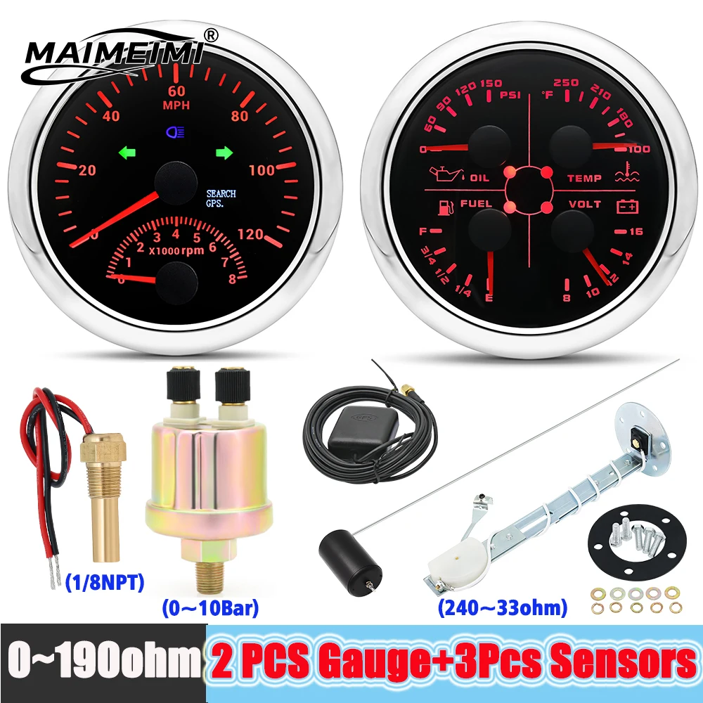 

85mm GPS Speedometer Odometer + 4 in 1 Gauge Set with Sensor 1/8NPT 240-33ohm 120MPH 160MPH 200MPH For Yacht Boat Car Outboard