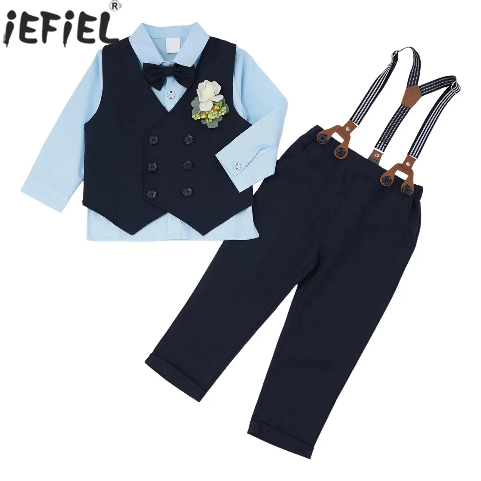 

Kids Boys Formal Gentleman Suit Long Sleeve Shirt with Vest Suspender Pants Bowtie Corsage for Wedding Birthday Party Pageant