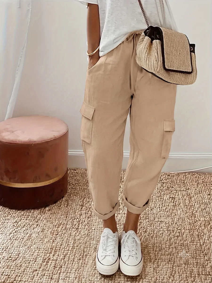 Loose Fit Cargo Pants for Women Drawstring Waist Baggy Trousers with Multiple Pockets Solid Color Wide Leg Streetwear Long Pants
