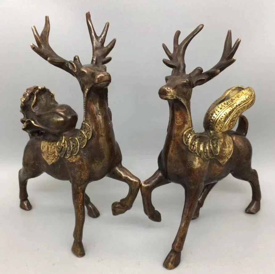 

China brass archaize cabbage peanuts Sika deer crafts statue A pair