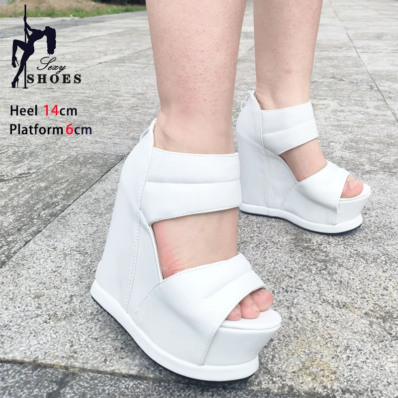 Women Thick Bottom High Heels White Platform Summer Roman Sandals 14CM Gladiator Non-Slip Wedge Shoes Model Sandalies Plus Size