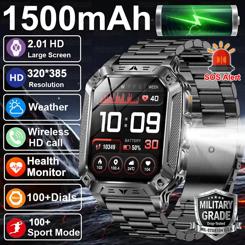 Military Smart Watch Man 1500mAh Long Standby Outdoor Sport Smartwatch Men 10ATM Waterproof Heart Rate BT Call Big Battery Watch