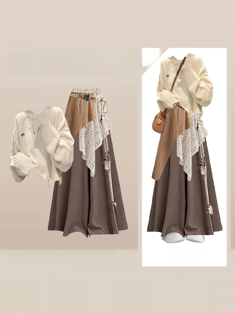 Conjunto de Suéter Tejido Estilo Boho para Mujer, Falda Larga de Cintura Alta, Plones, Conjunto de Moda Otoño Invierno, M...