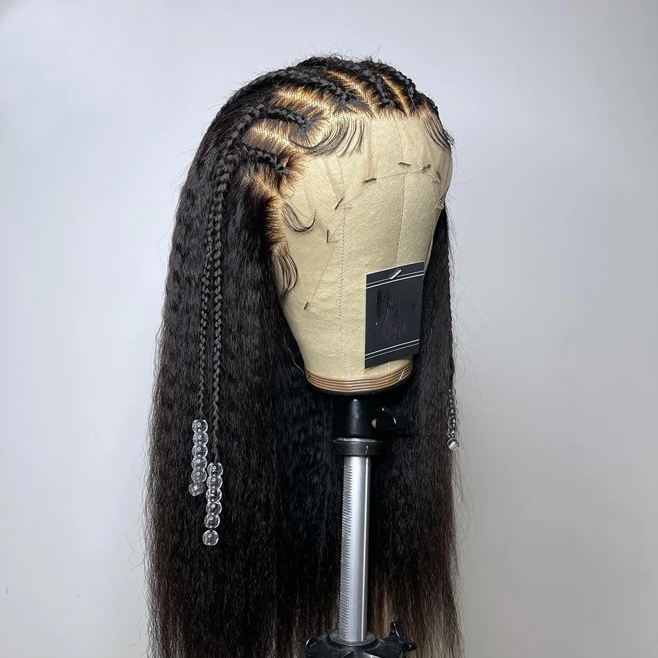 Yaki-Perruque Lace Front Wig sans colle noire naturelle, cheveux crépus lisses et longs, pre-plucked, densité 180, 200, pour femmes