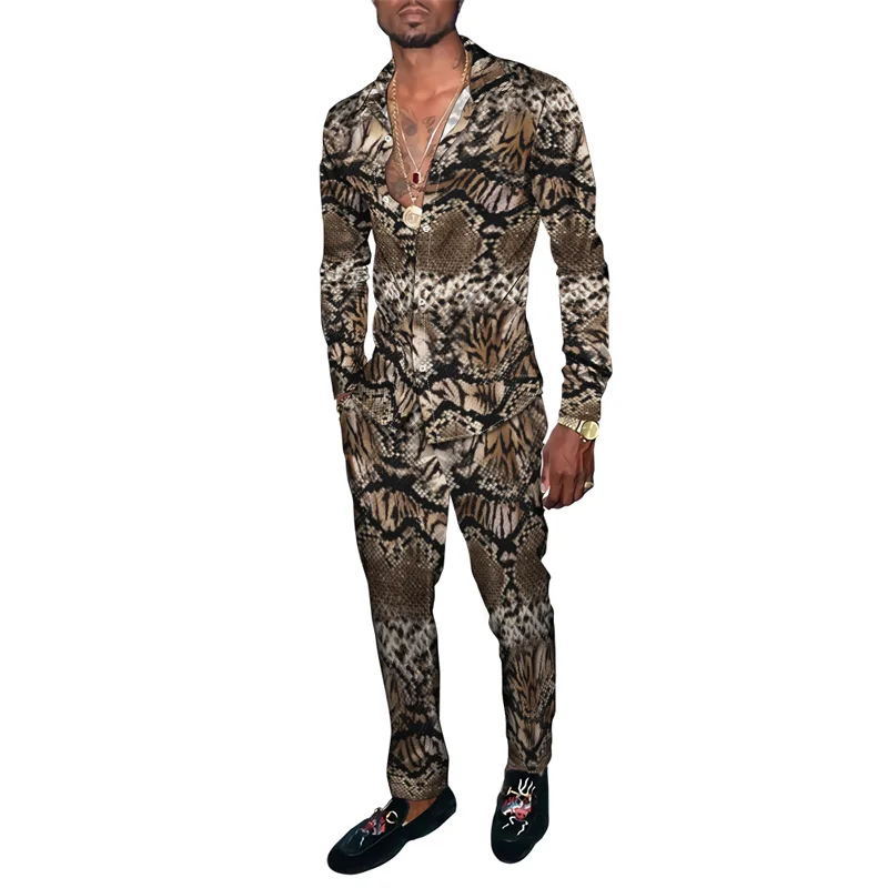 Hawaiian Shirt Suit 3D Leopard print 2PCS Set Striped Check Fashion Breathable Men Long Sleeve Shirt Long Pants Two Piece Suits