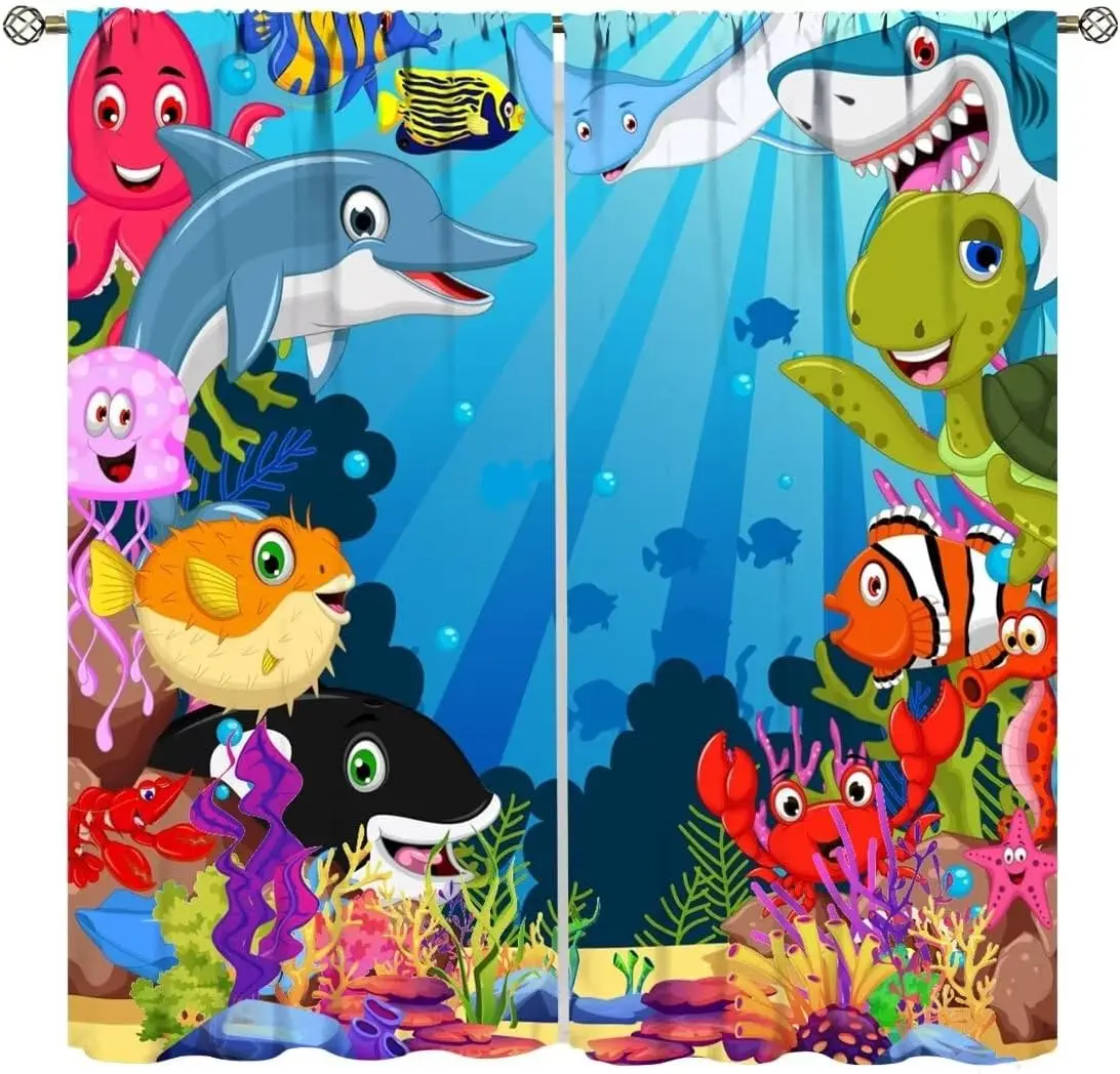 Cartoon Sea Animals Curtains,Cute Shark Sea Turtle Print Window Treatments for Boys Child Study Baby Room Ocean Wildlife Marine