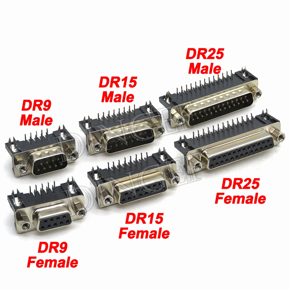 5PCS DR9 DR15 DR25 DR37 Hole/Pin Female/Male right angle Welded d-sub Connector RS232 serial port adapter DB9 9/15/25/37 pin