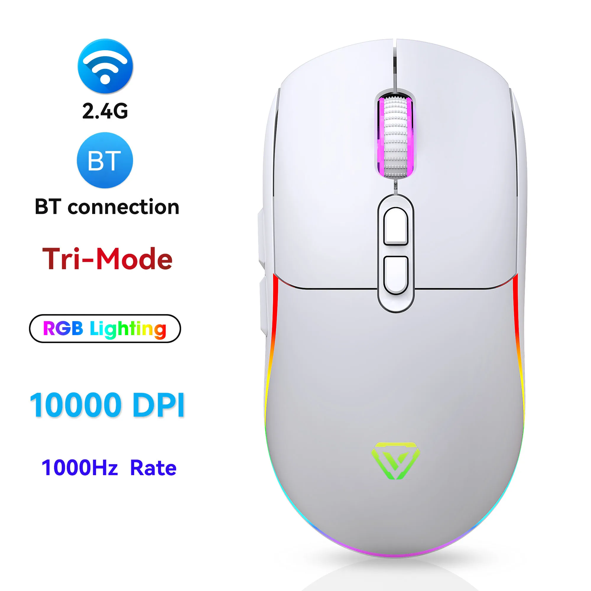 Tri Mode 2.4G BT Gaming Esports Mouse Macro Definition Computer Mouse RGB Lighting 10000DPI Adjustable  1000Hz Rate 500mAH