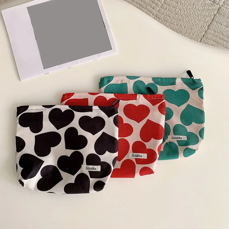 Red Black Green Heart Printed Cosmetic Bags for Women Corduroy Large Makeup  Bags Organizer Travel Phone Toiletry Wash Bags