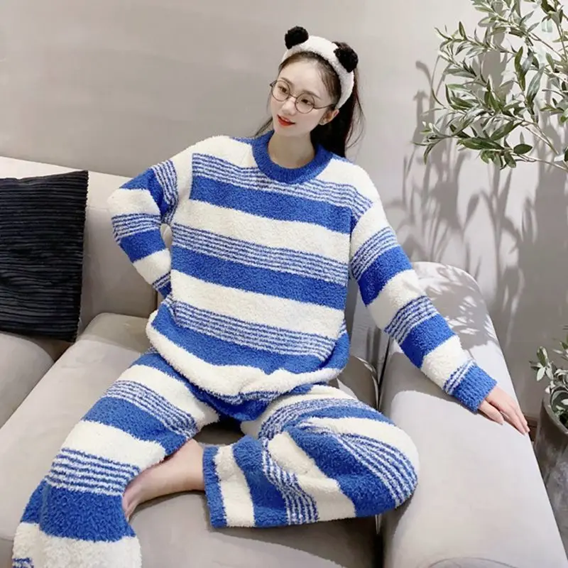 Student Cartoon Rainbow Pattern Pajamas 2Pcs Women's Autumn Winter Korean Anime Sweet Thick Warm Comfort Soft Home Clothes Set