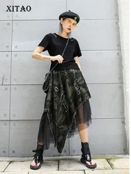 XITAO Pleated Leopard Lace Midi Skirt Women Irregular Print 2019 Pole Wild Joker Summer Punk Style Korea Fashion New  XJ1689