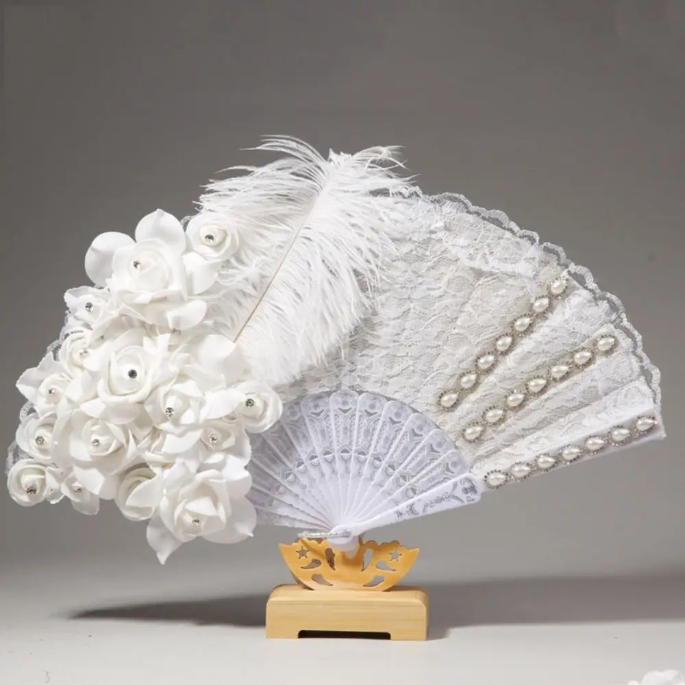 Luxurious With Ribbons Lolita Lace Hand Fan White Plastic Handle Bridal Handheld Fan Rose Pattern Folding Fan Photo Prop