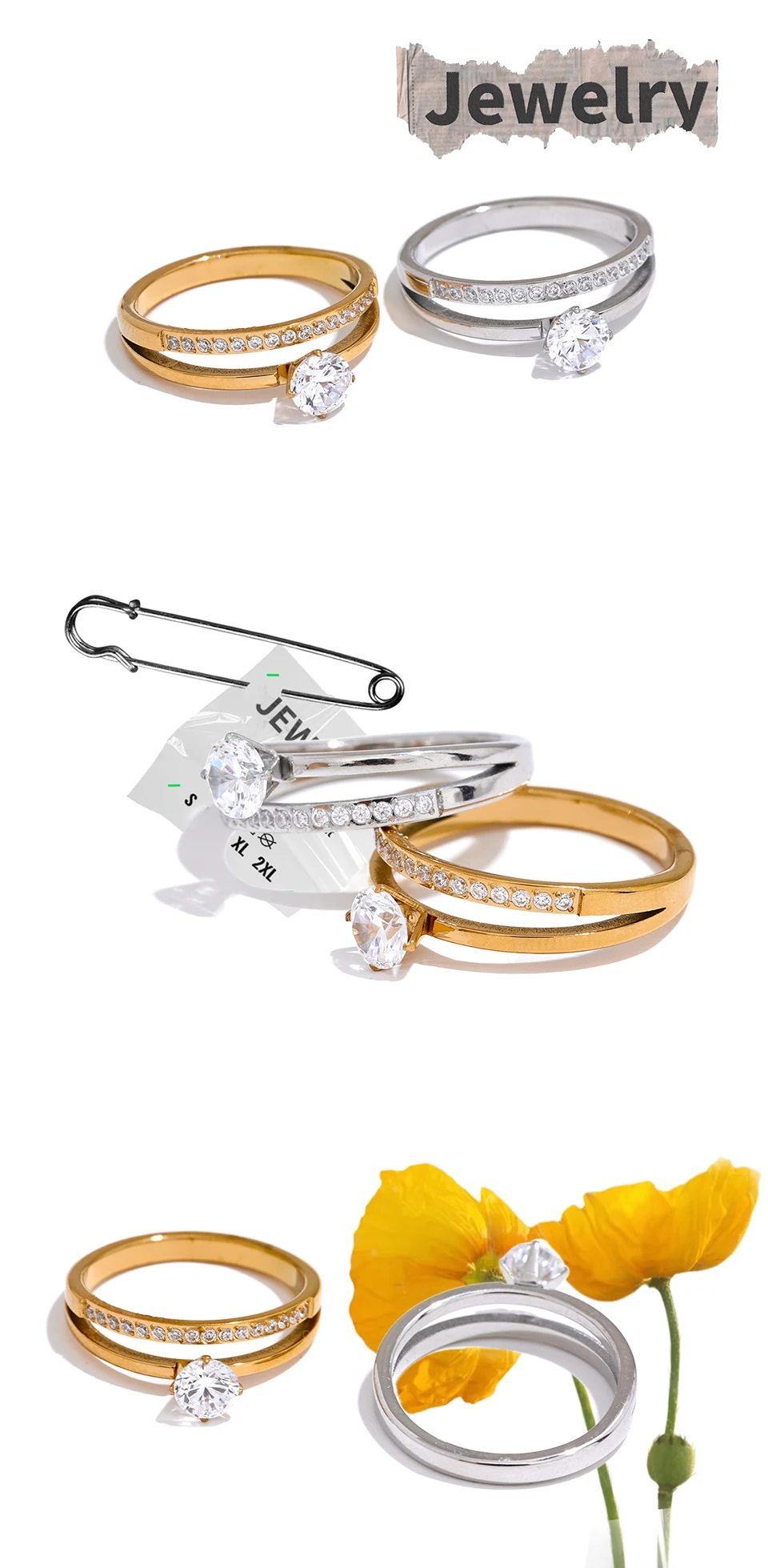Yhpup Zarter, glänzender Zirkonia-Edelstahl, doppellagig, klassischer Ring, hochwertiges Geschenk für Frauen, exquisiter romantischer Schmuck – Detail 9