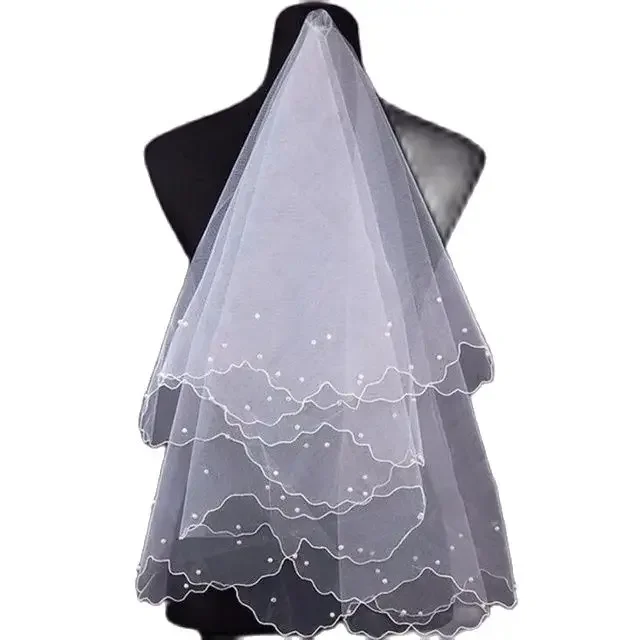 

Women Pearl Bridal Veils Wedding Dress Layers Tulle Ribbon Edge Accessories