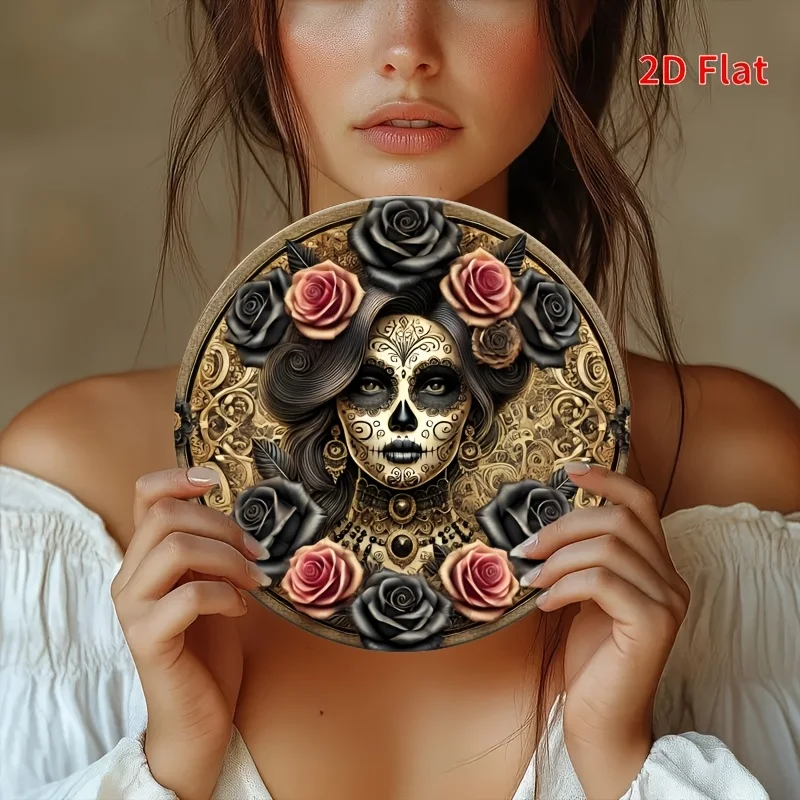 2D Flat, [2D flat]1pcs Mexican Death Skull Day and Day of the Dead art, retro-inspired aluminum circular decorative plaques, vib - Image 3
