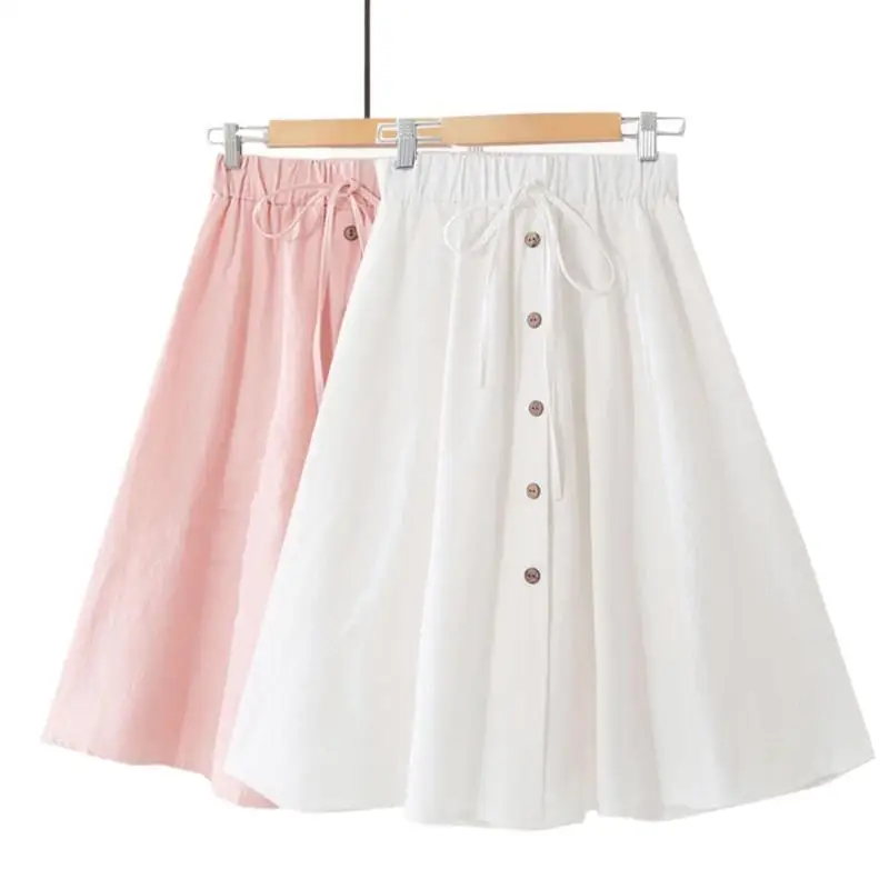 

2025 Women New Cotton And Linen Casual soft breathable Skirts High Waist Fashion Mid-Calf Skirts Solid A-Line Korean Loose Slim