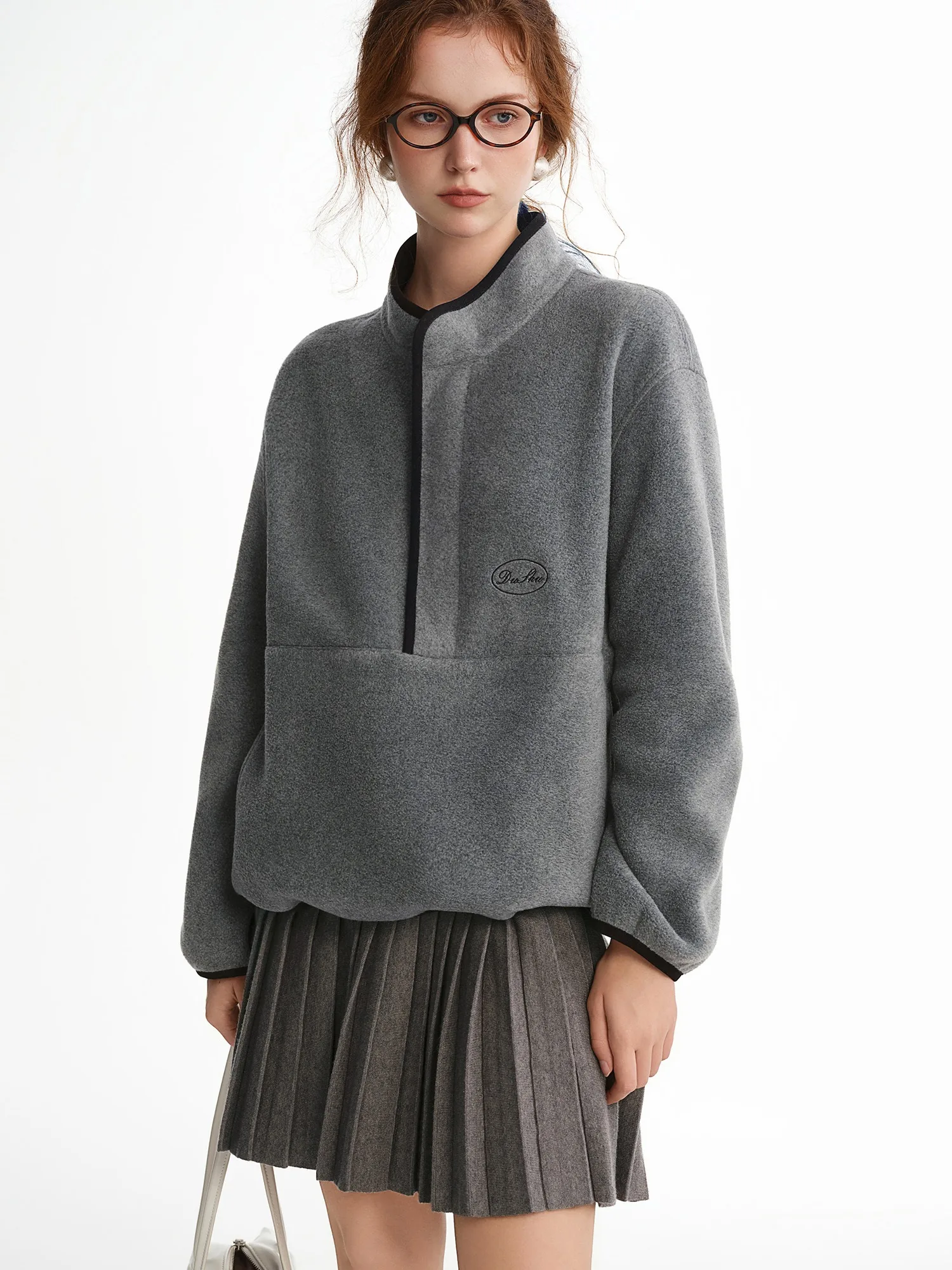 DUSHU 2025 سويت شيرت نسائي شتوي من الصوف مع ياقة نصف سحاب - بلوزة ضيقة بأكمام طويلة لملابس خارجية غير رسمية #3