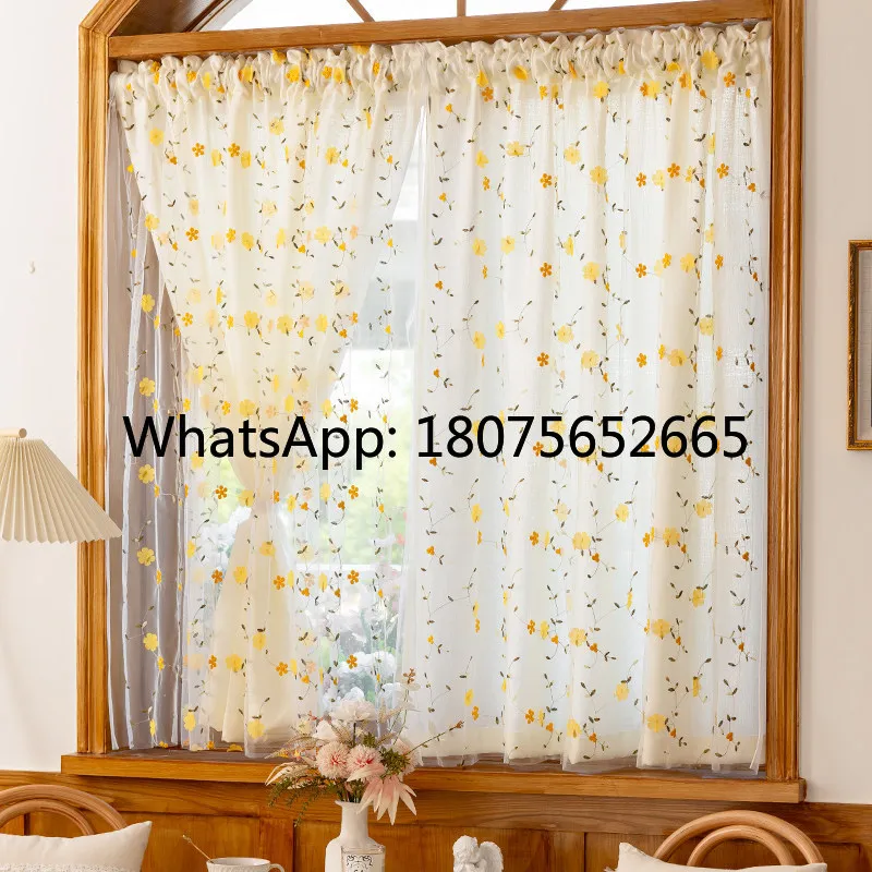 American pastoral double-layer gauze curtain translucent french floral floating curtain